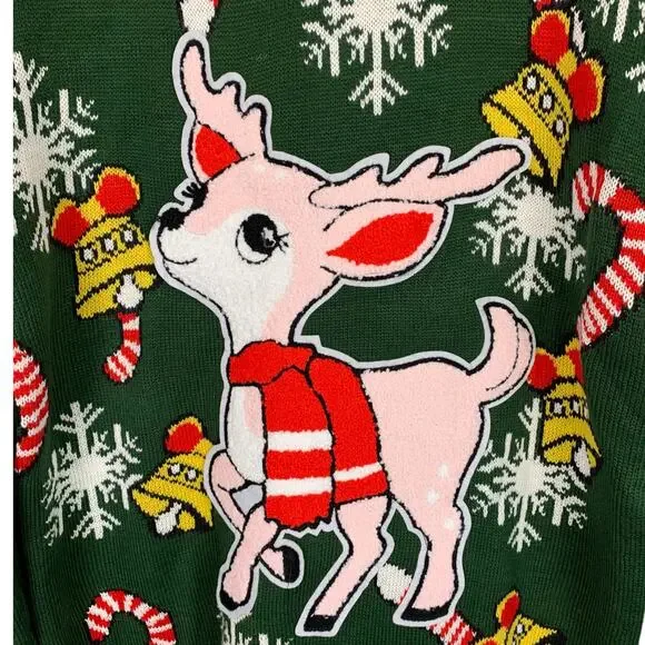 Pink Reindeer Sz L Green Knit Sweater Red Collar & Cuffs XMAS Sweater - Picture 3 of 8